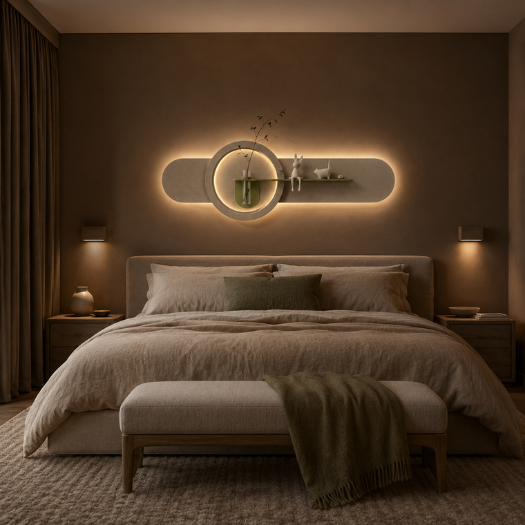 A modern bedroom featuring a bed dressed in neutral beige bedding, a matching bench at the foot, and a wall-mounted
