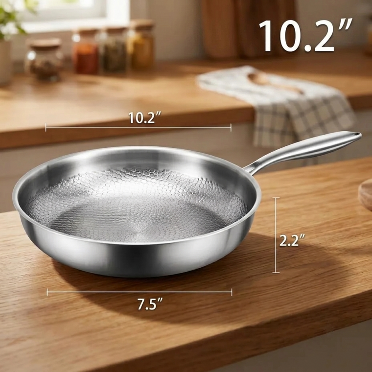 Titanium frying pan on an induction cooktop during a preheat, water drops beading on the surface