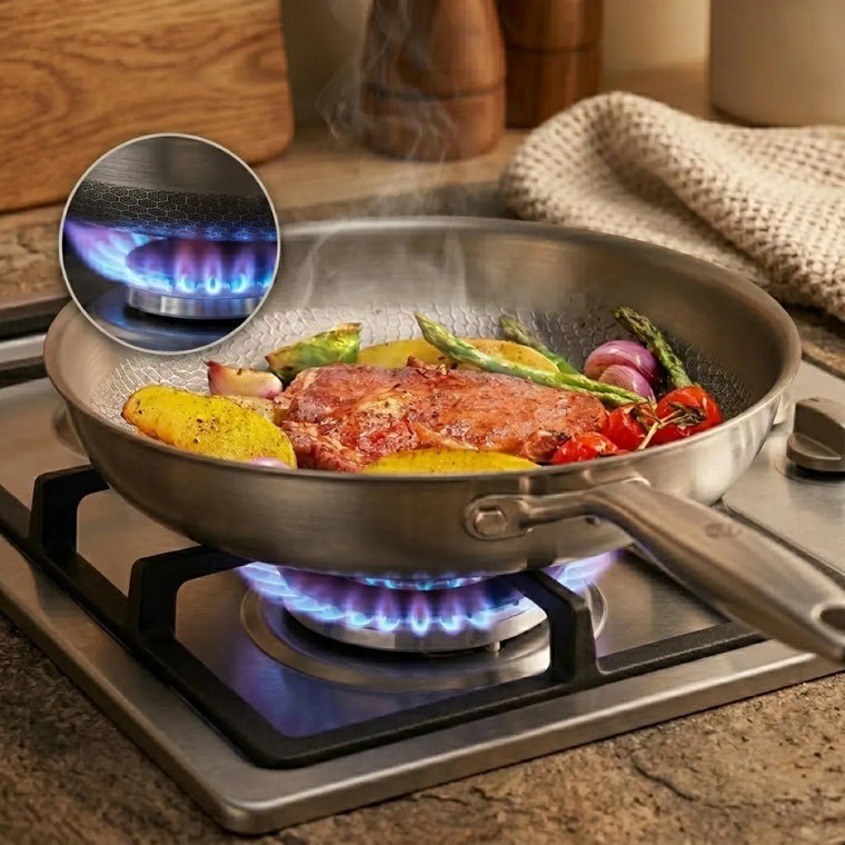 Close-up of the hammered texture on the bare titanium cooking surface
