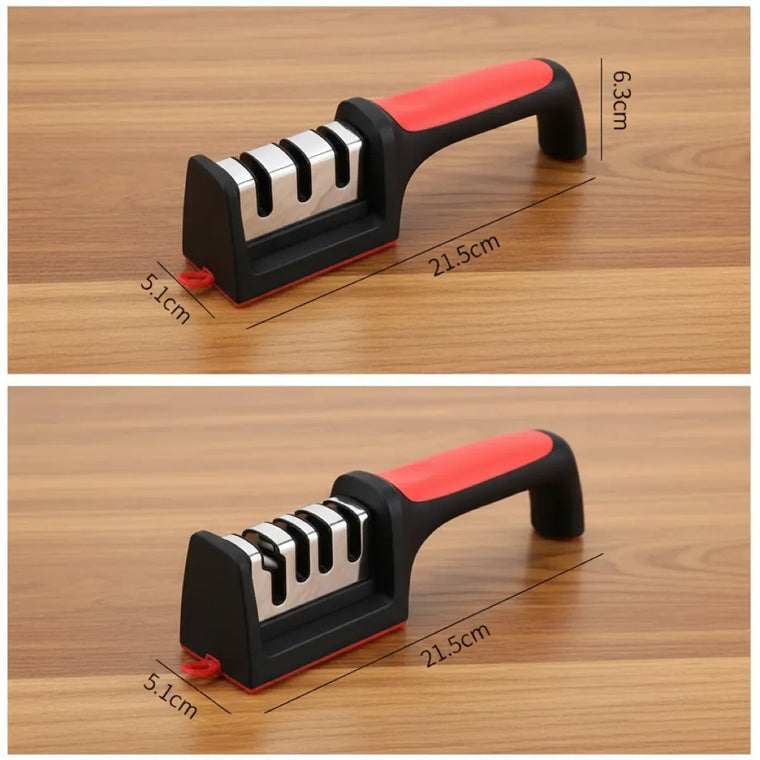 Close-up of the coarse, medium and fine sharpening slots on the knife sharpener
