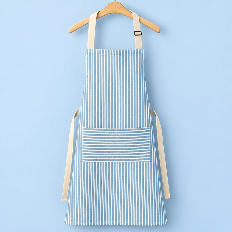 One blue striped bib apron with beige straps and divided front pocket