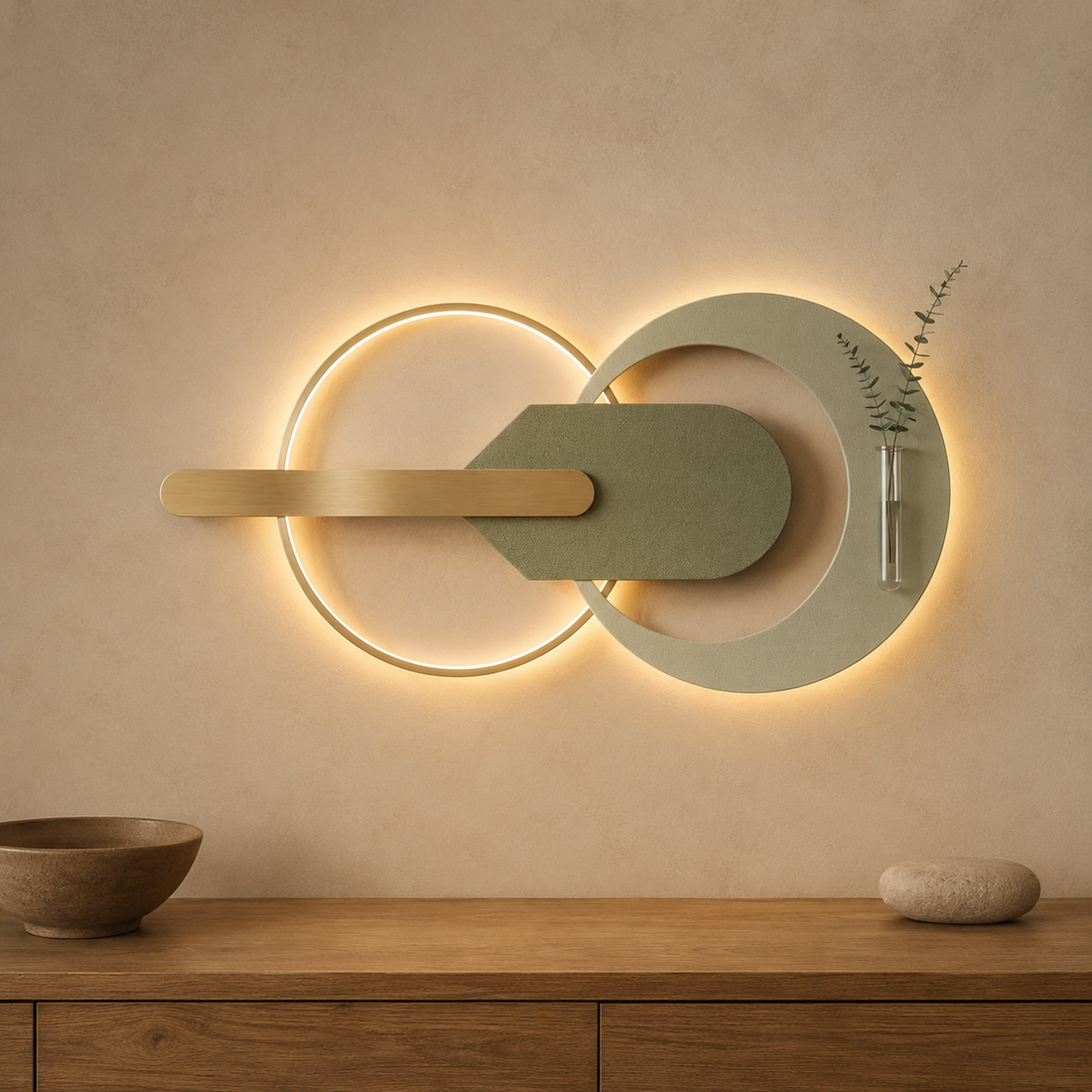 Sage fluted sandstone wall panel with shelf and glass bud vase, warm LED backlight on
