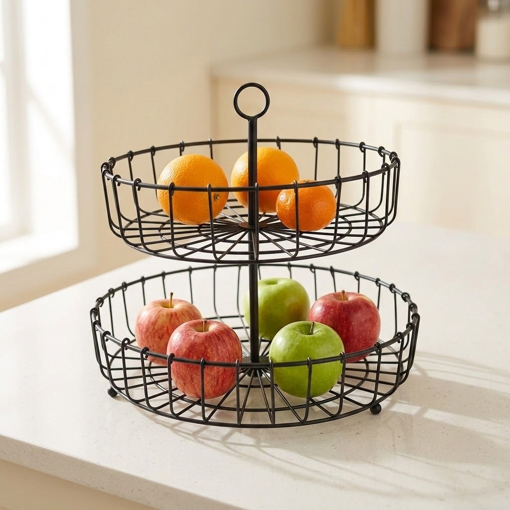 A two-tier black wire fruit stand holding oranges on the top tier and red and green apples on the bottom tier, set on a