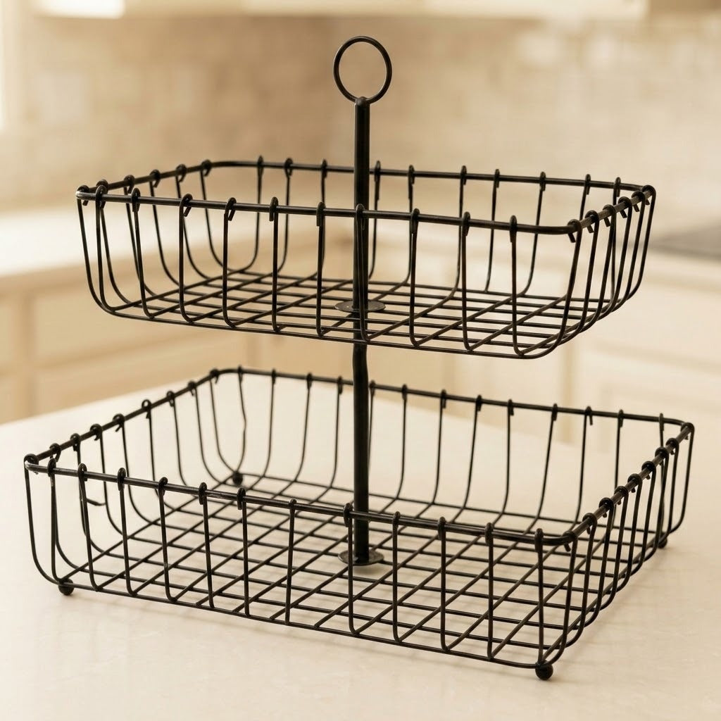 A two-tier black wire basket organizer with a central hanging loop, shown on a light countertop with a softly blurred
