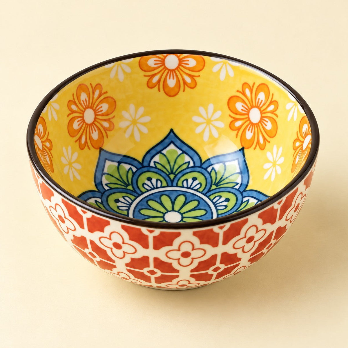 Bohemian Ceramic Sauce Bowl showing its glossy floral exterior and ornate patterned interior