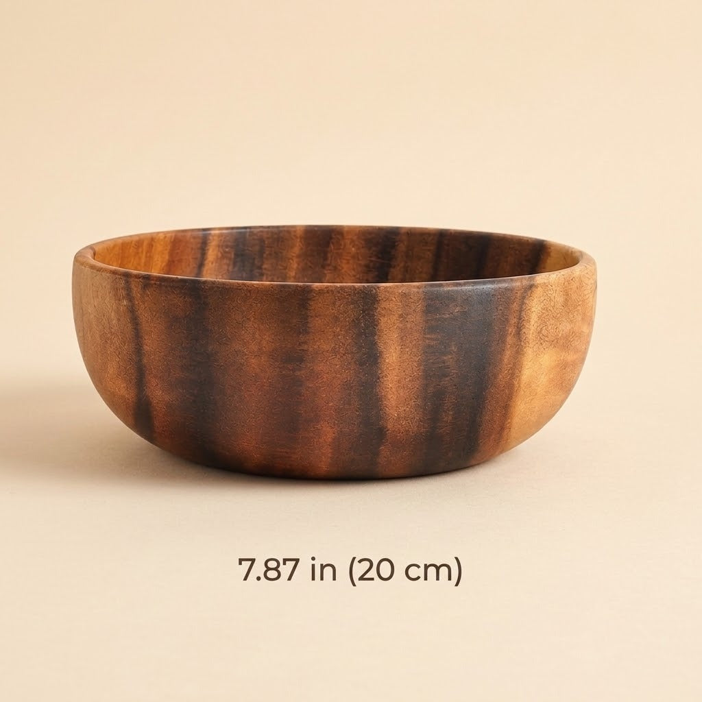 A round wooden bowl with a rich brown and black striped wood grain pattern, shown on a light beige background with a size