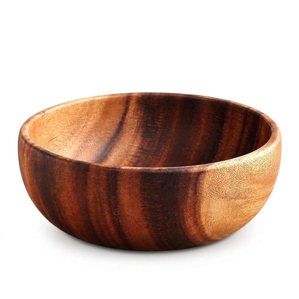 A round wooden bowl with a rich, polished wood grain pattern in shades of brown and amber, shown on a clean white background