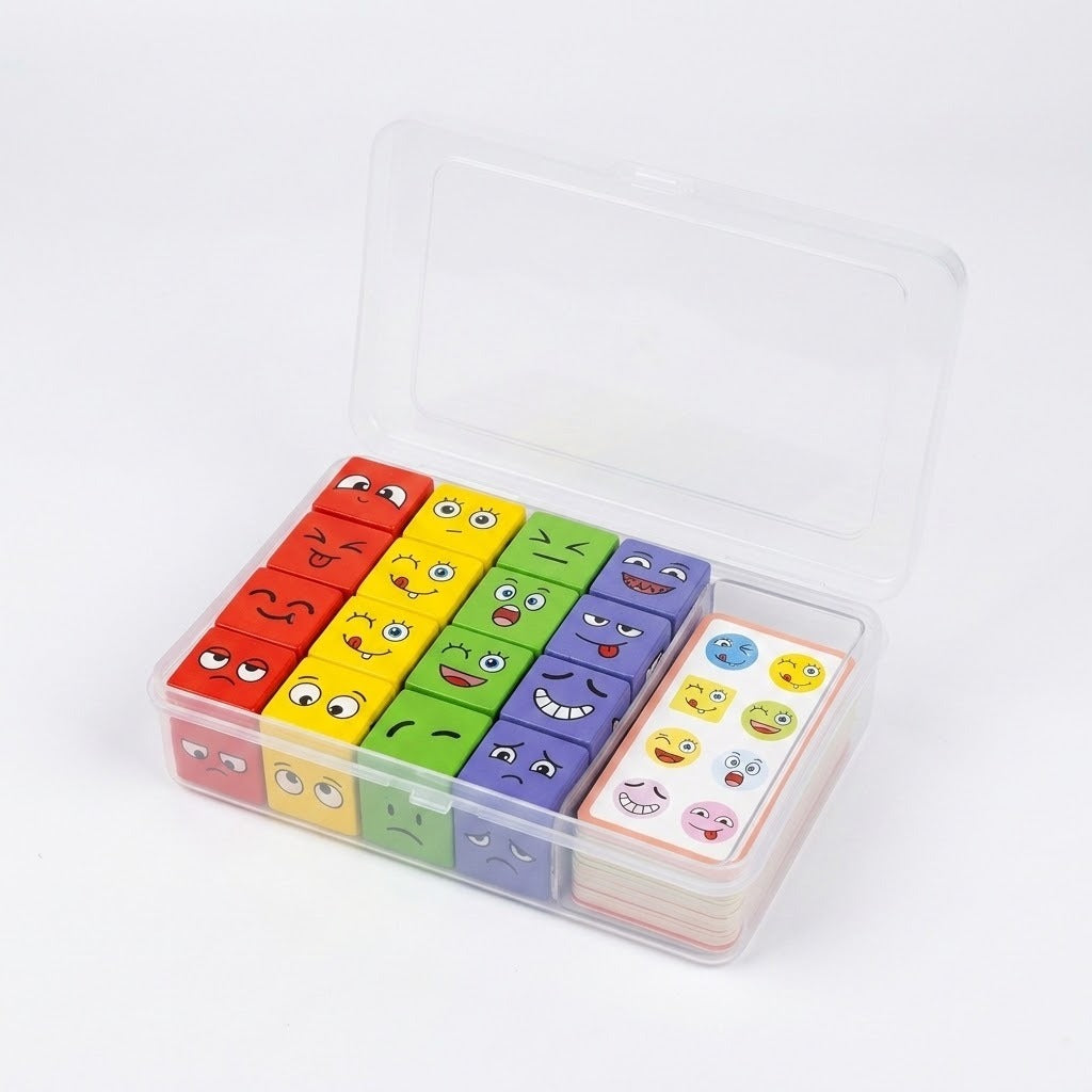 Face matching game with red, yellow, green, and purple blocks and expression cards inside an open clear storage box on white