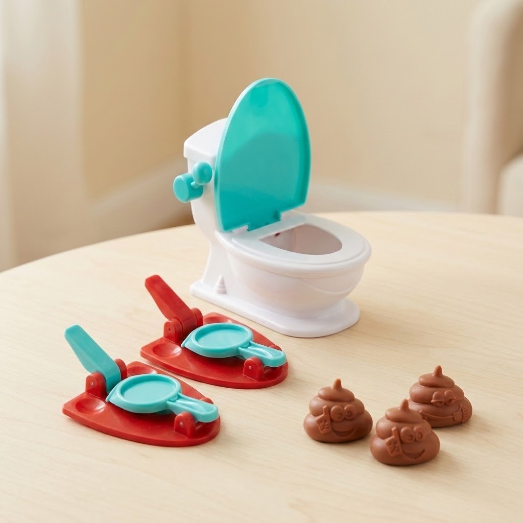 Tabletop game on a light wood table with a turquoise-lidded white toilet, two red-based launchers, and three brown toy poops