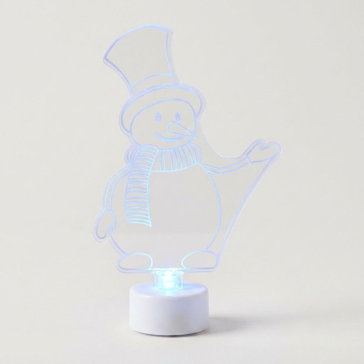 A 3D optical illusion LED night light shaped like a snowman, featuring a glowing blue outline of a snowman wearing a top