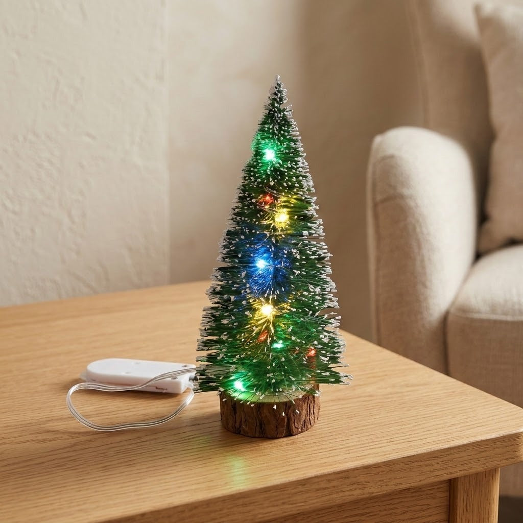 A snow-frosted green mini Christmas tree with multicolor LED lights and a white battery pack sits on a wooden side table