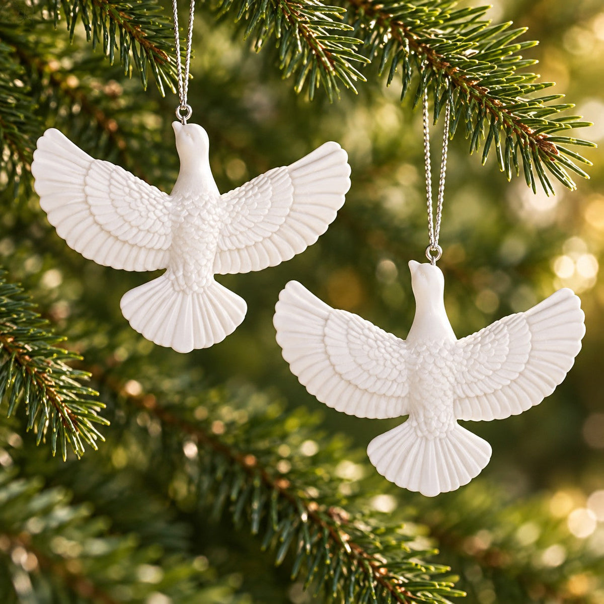 Two white acrylic dove ornaments highlight their detailed feathered wings against evergreen branches
