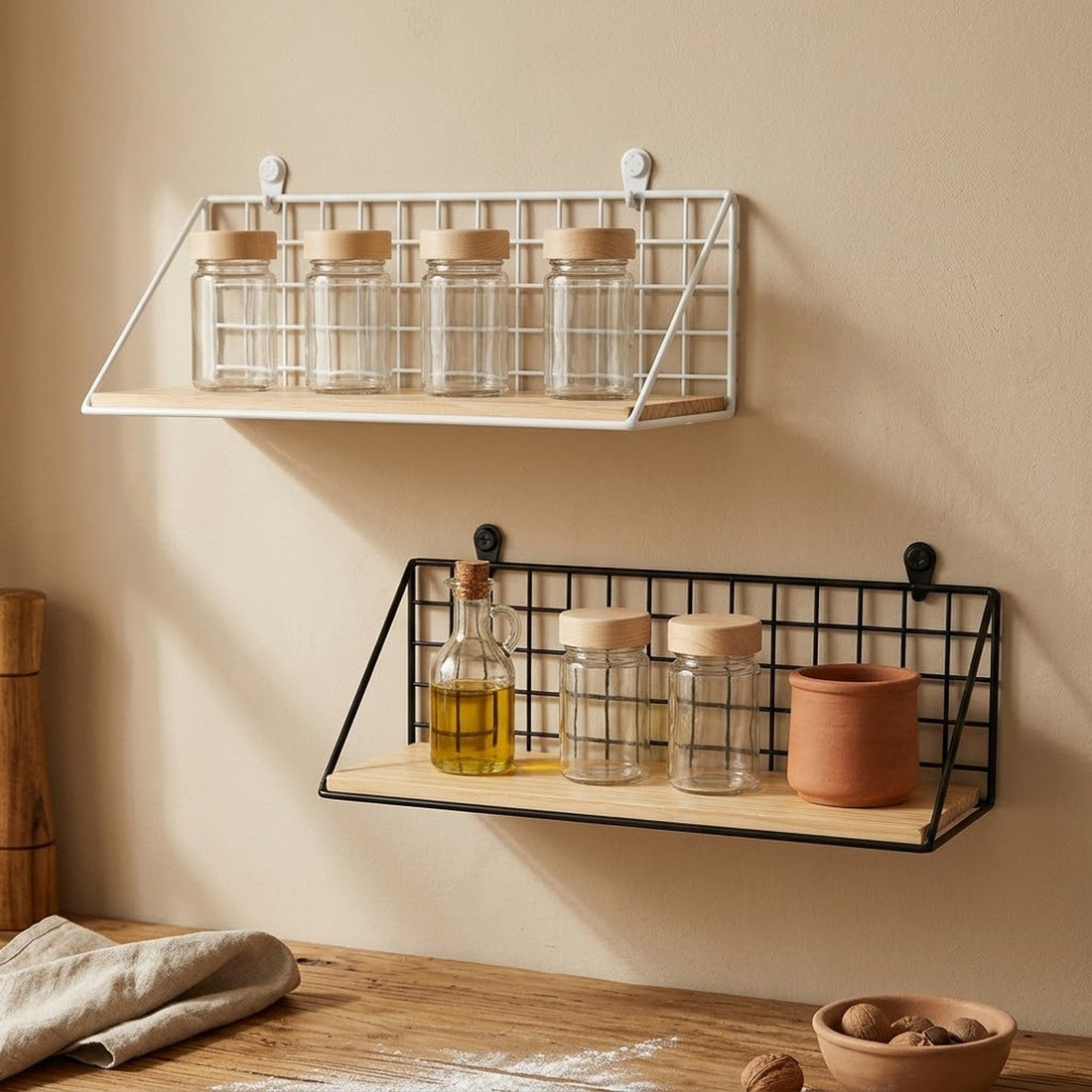 Black and white wall mounted spice racks hung one above the other on a kitchen wall, holding glass spice jars