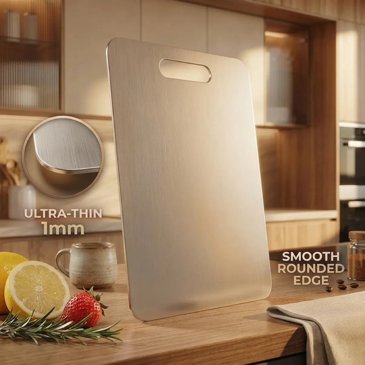 [thehouseland] best stainless steel cutting board - Stainless steel cutting board being rinsed under running water to show the non-porous surface