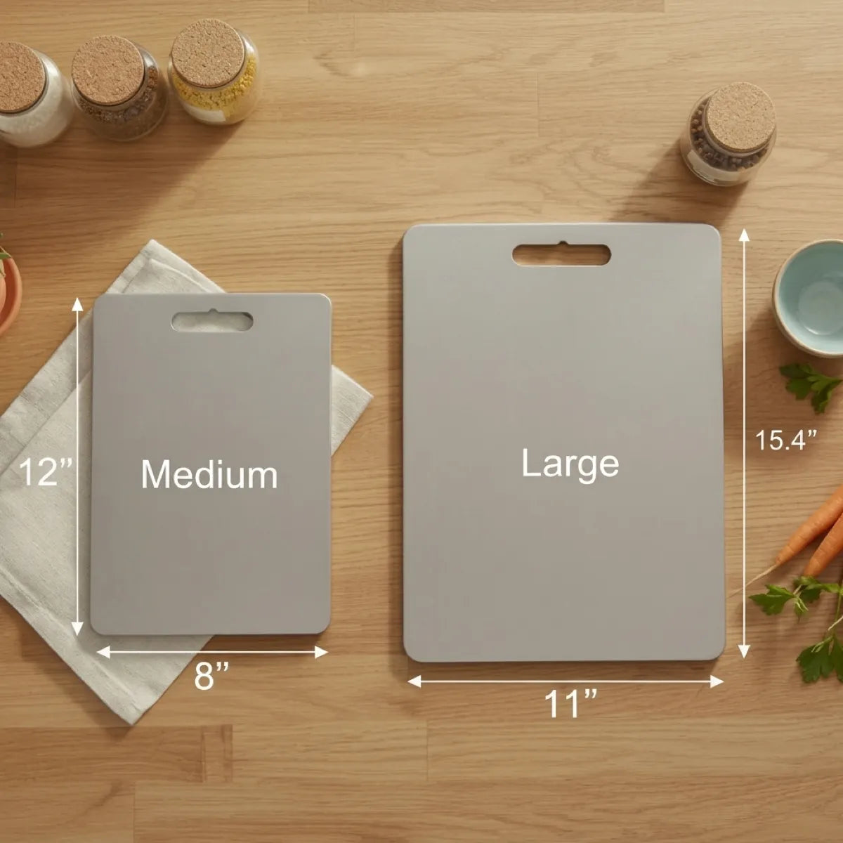 Double-sided 304 stainless steel cutting board on a kitchen counter, juice groove side facing up