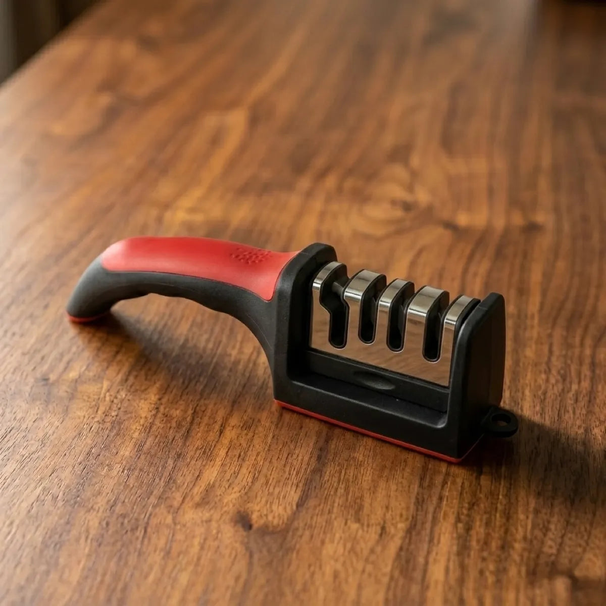 Hand holding the sharpener handle while sharpening a straight-edge kitchen knife