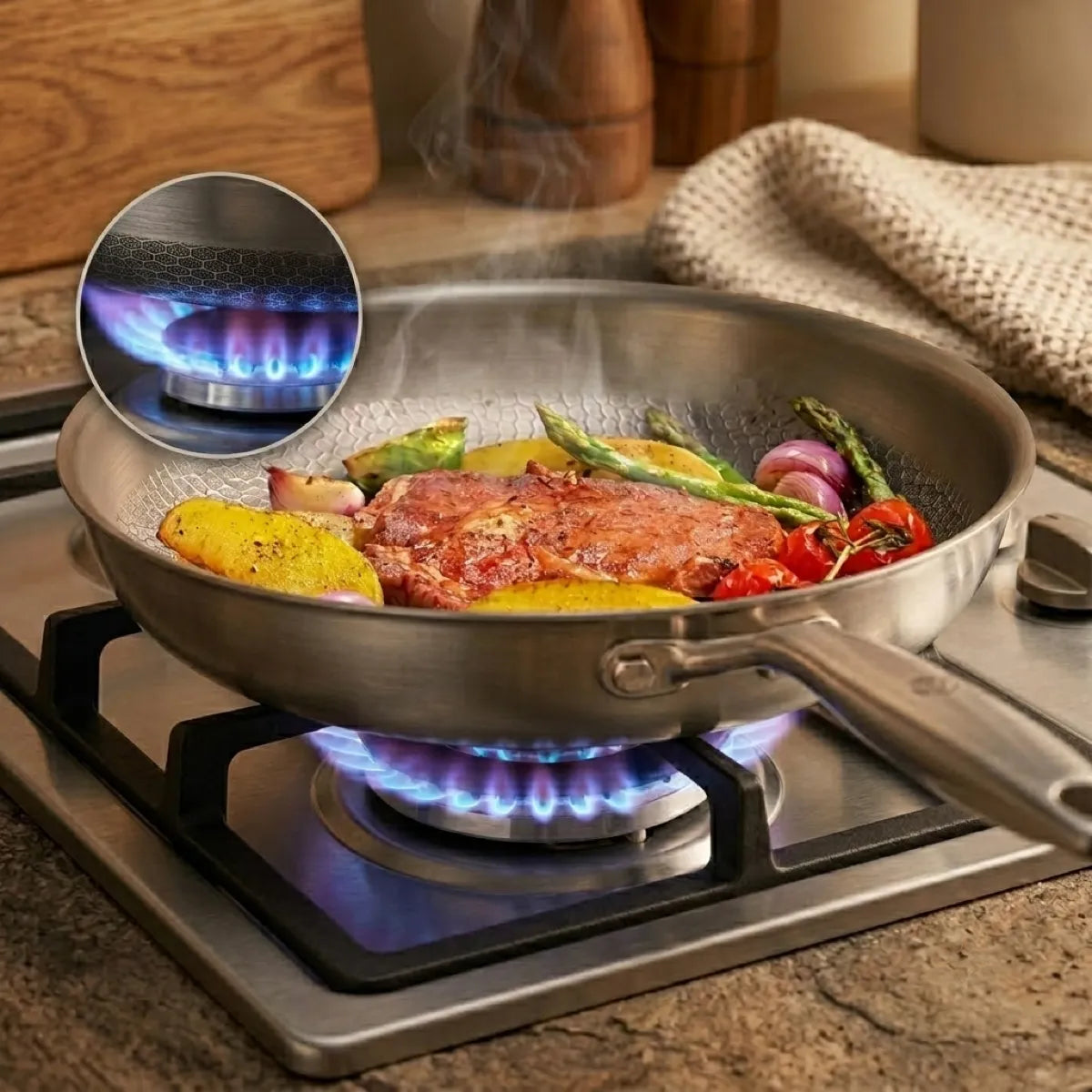 Close-up of the hammered texture on the bare titanium cooking surface
