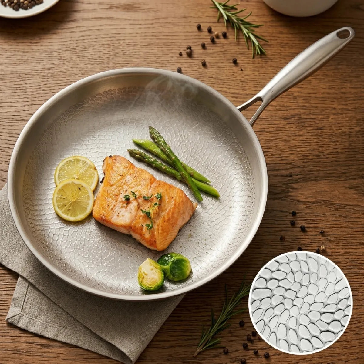 Uncoated titanium frying pan with hammered cooking surface, seen from above