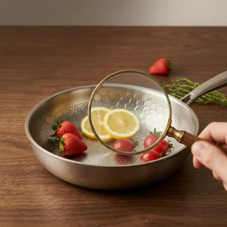 Titanium frying pan with tempered glass lid on, showing food cooking underneath