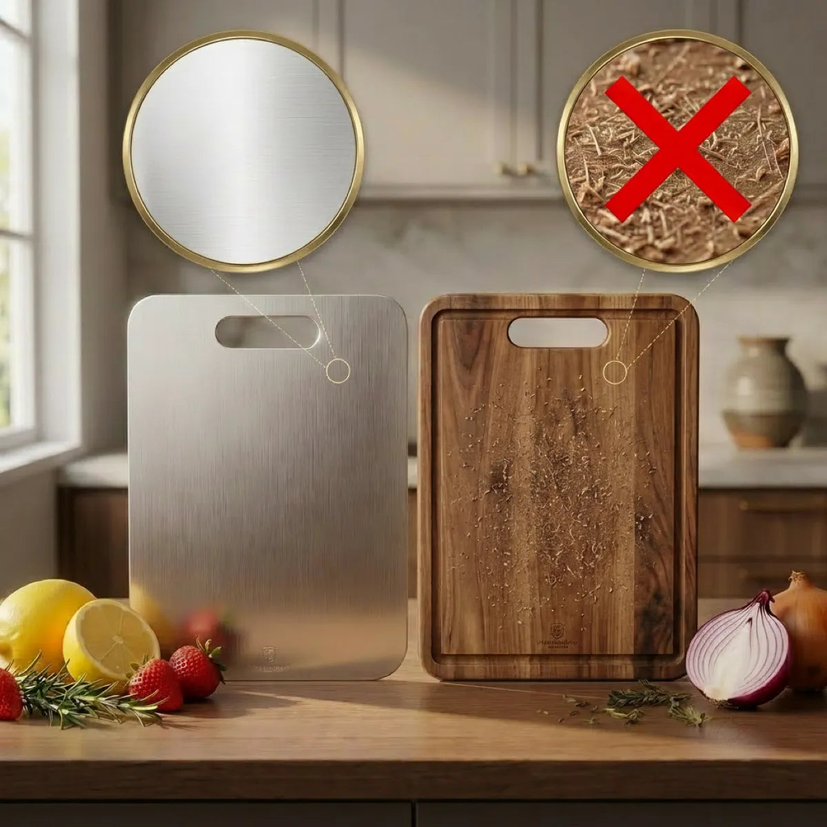 Flat prep side of the stainless steel cutting board with chopped vegetables