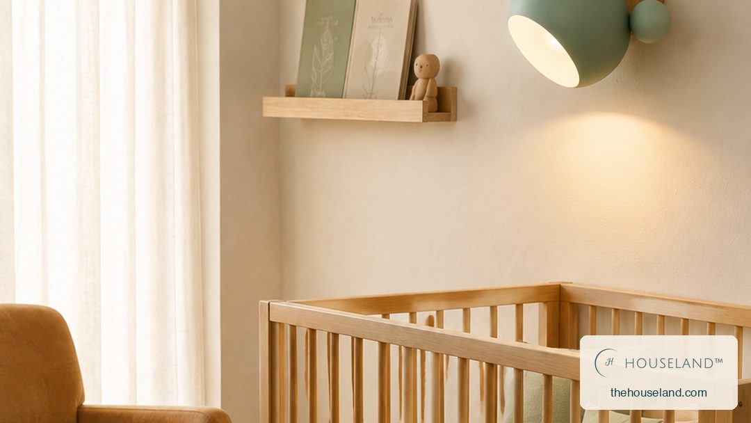 a round bear-shaped metal wall sconce in soft pistachio green with two little ears and a natural beech wood backplate, g one mounted on the wall above the cot, angled slightly down, lit warm