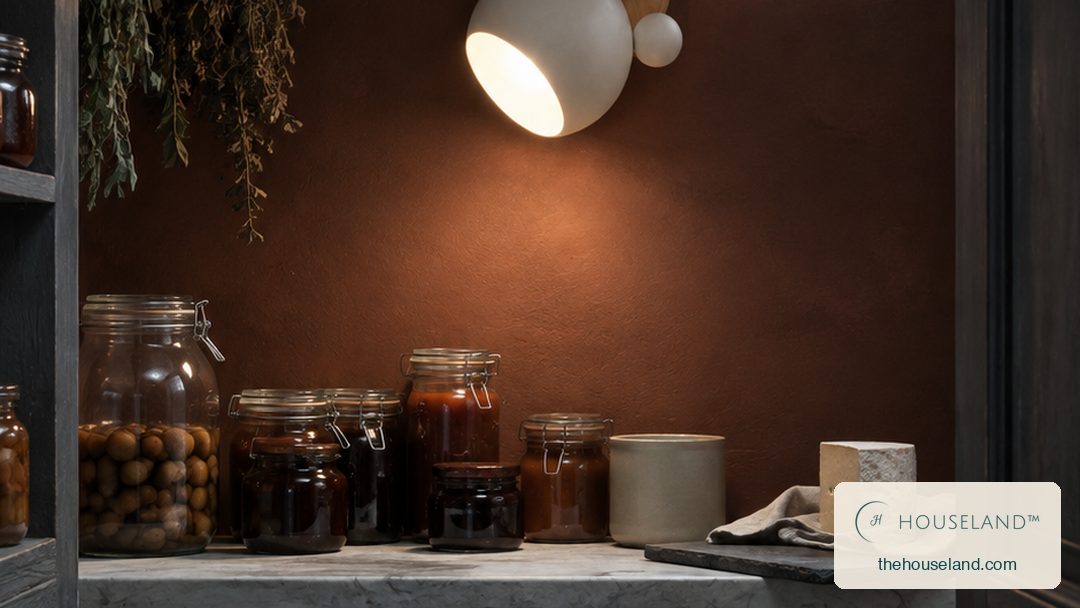 a round white metal wall sconce with two small ears and a natural beech wood mount, glowing warm from its open face on the larder wall above the marble shelf