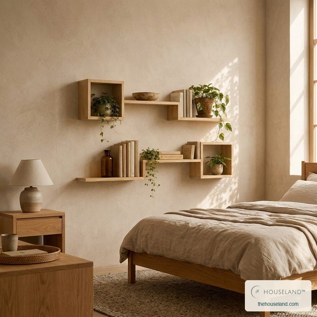 Six-piece staggered pine shelf set arranged on a wall, styled in a japandi bedroom