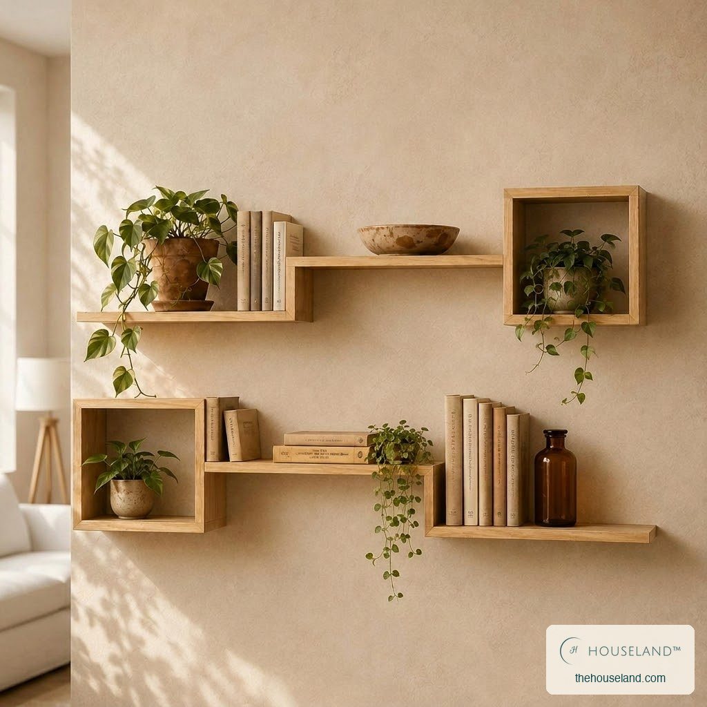 Six-piece pine cube and ledge shelf set with plants and books on a warm wall, styled in a bright Scandinaviliving room