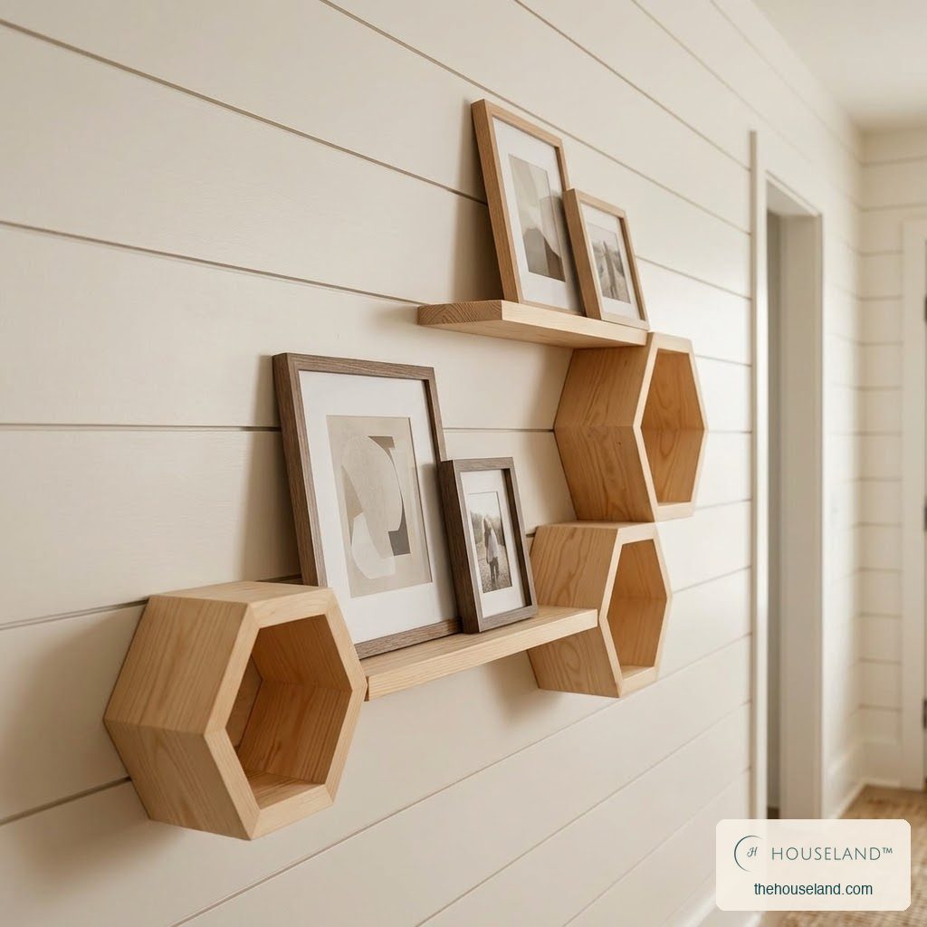 A natural pine ledge holding leaning picture frames, styled in a modern farmhouse hallway
