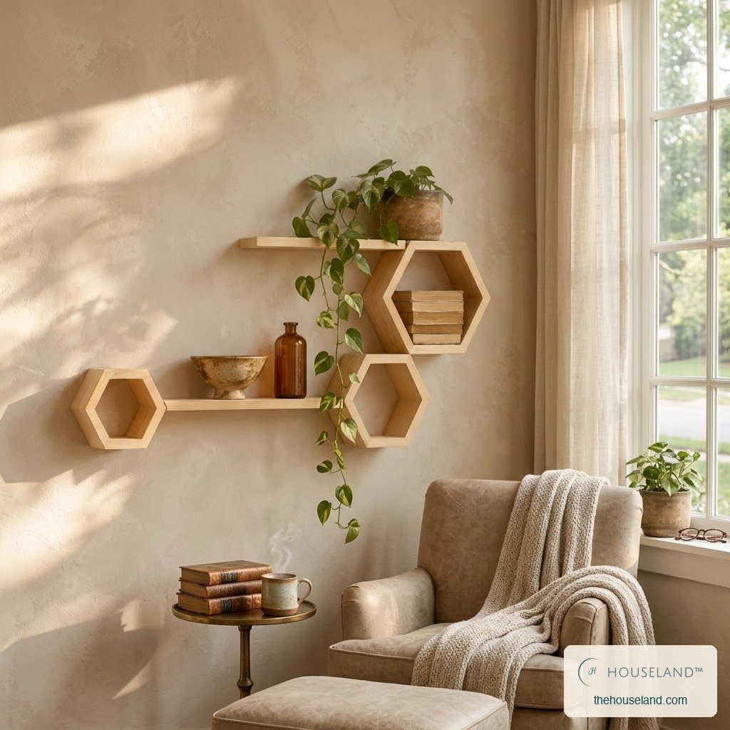 Five-piece pine shelf set with a long ledge, three hexagons and a trailing plant, styled in a cozy reading nook beside window