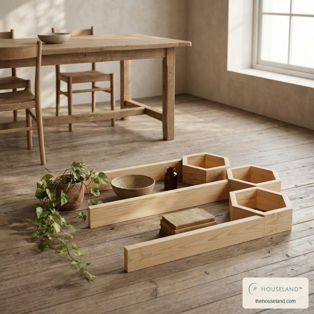 A pine shelf set laid out on the floor before hanging, styled in a neutral-toned dining area