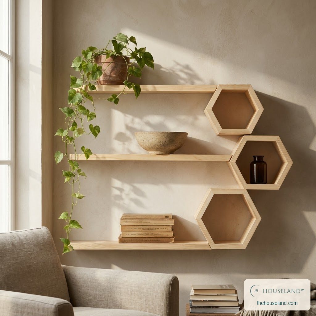 The full pine hexagon and ledge set hung on a wall, styled in a cozy reading nook beside window