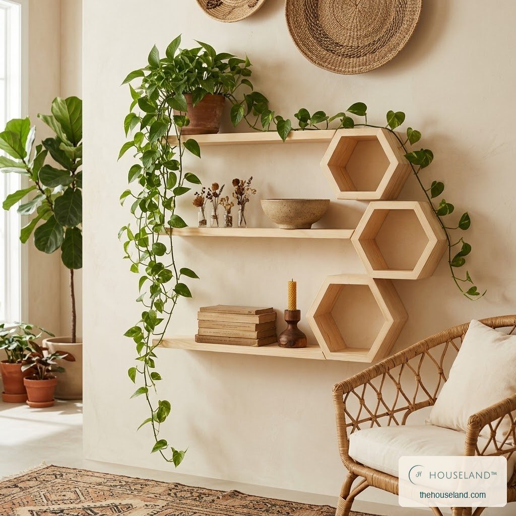 Six-piece pine honeycomb shelf set with trailing pothos on a warm cream wall, styled in a boho living room