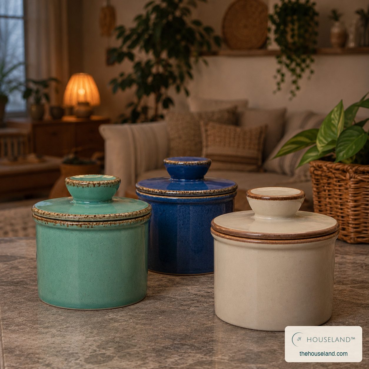 [thehouseland] best butter crock - Three ceramic butter crocks in green, blue and warm gray on an evening kitchen counter, styled in a boho
