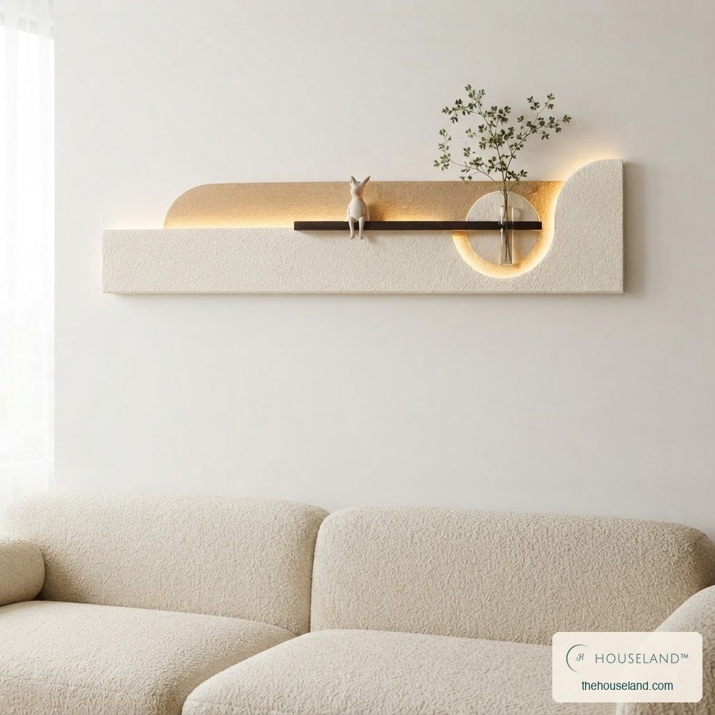 Backlit curved wall panel lit above a cream sofa in a warm living room, styled in a bright Scandinaviliving room