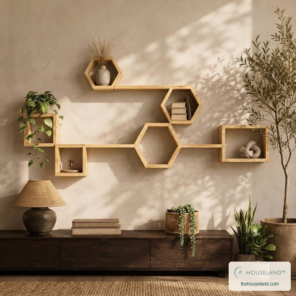 Eight-piece natural pine set of hexagons, open boxes and ledges on a wall, styled in a boho living room