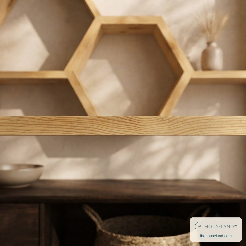Close view of solid pine shelf edge showing grain running through the board, styled in a entryway