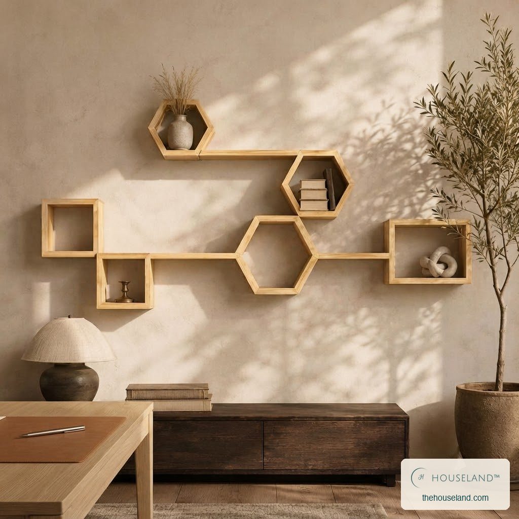 Eight-piece pine hexagon, box and ledge shelf set above a dark wood sideboard, styled in a warm minimalist home office