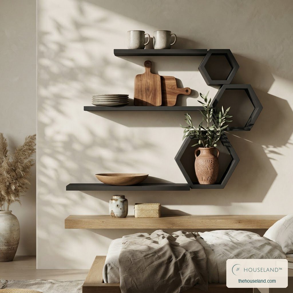 Six-piece matte black pine shelf set above a kitchen counter with boards and plates, styled in a japandi bedroom