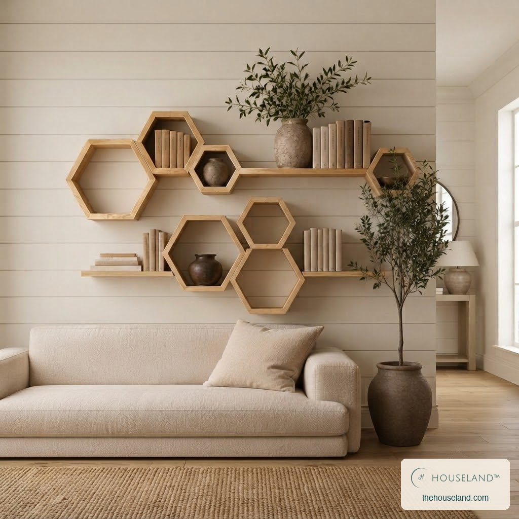 [thehouseland] best hexagon floating shelves - Nine-piece pine hexagon and ledge shelf set arranged in two runs above a cream sofa, styled in a modern