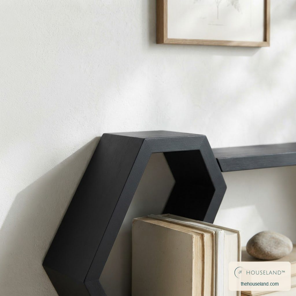 Close view of the edge of a painted timber shelf module, styled in a bright Scandinaviliving room
