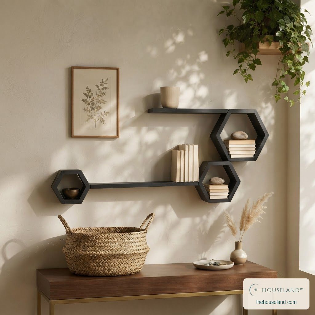 Five-piece matte black pine shelf set with books and ceramics on a cream wall, styled in a entryway