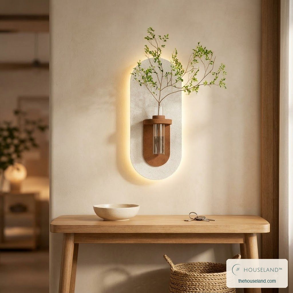 [thehouseland] best wall mounted vase - Backlit capsule wall vase lit warm above a console table, Design A in cream with a terracotta holder, styled