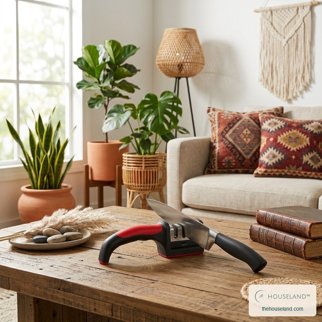 how do you sharpen a knife with a full bolster, styled in a boho living room