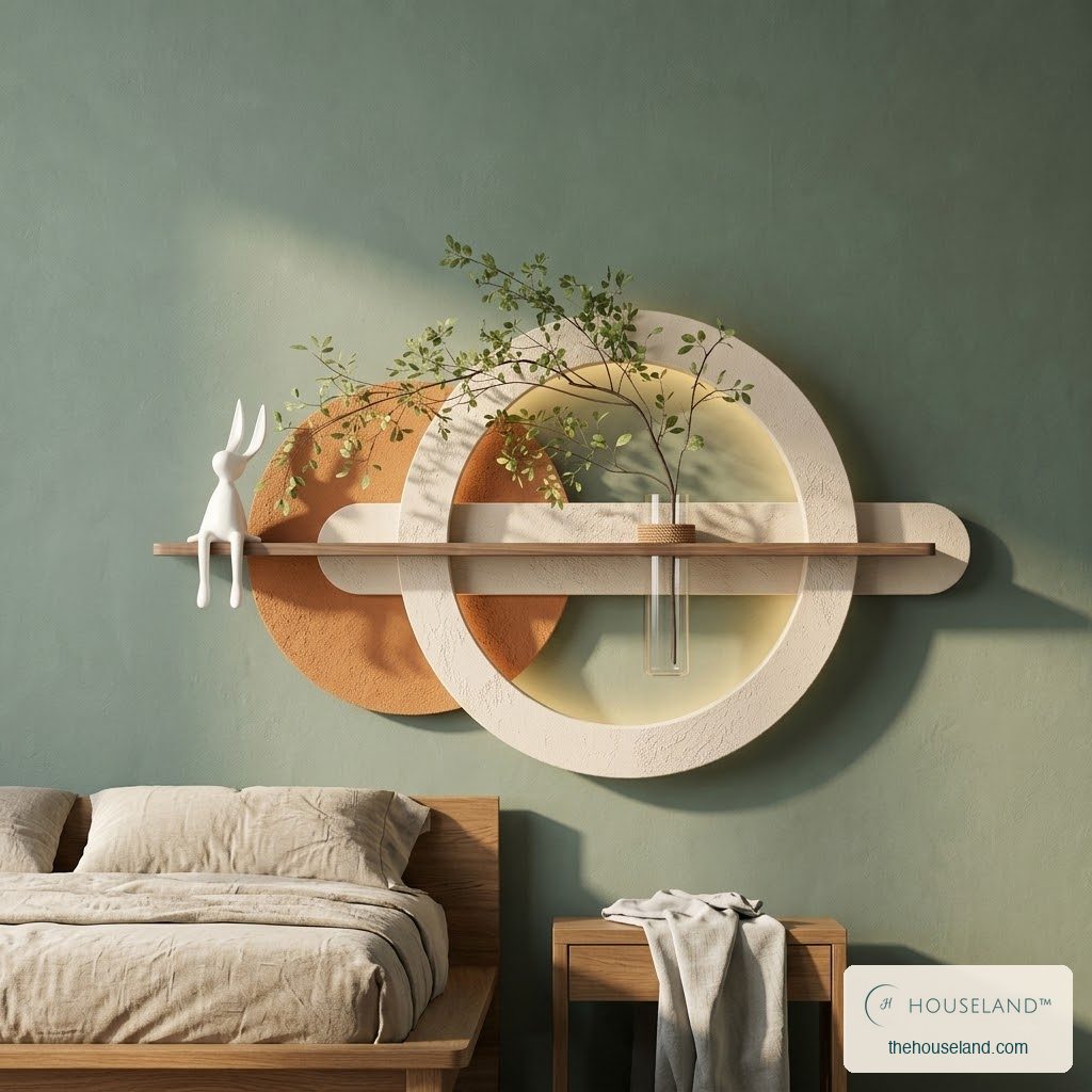 Backlit plaster ring wall art on a sage green wall with a walnut shelf and glass bud vase, styled in a japandi bedroom