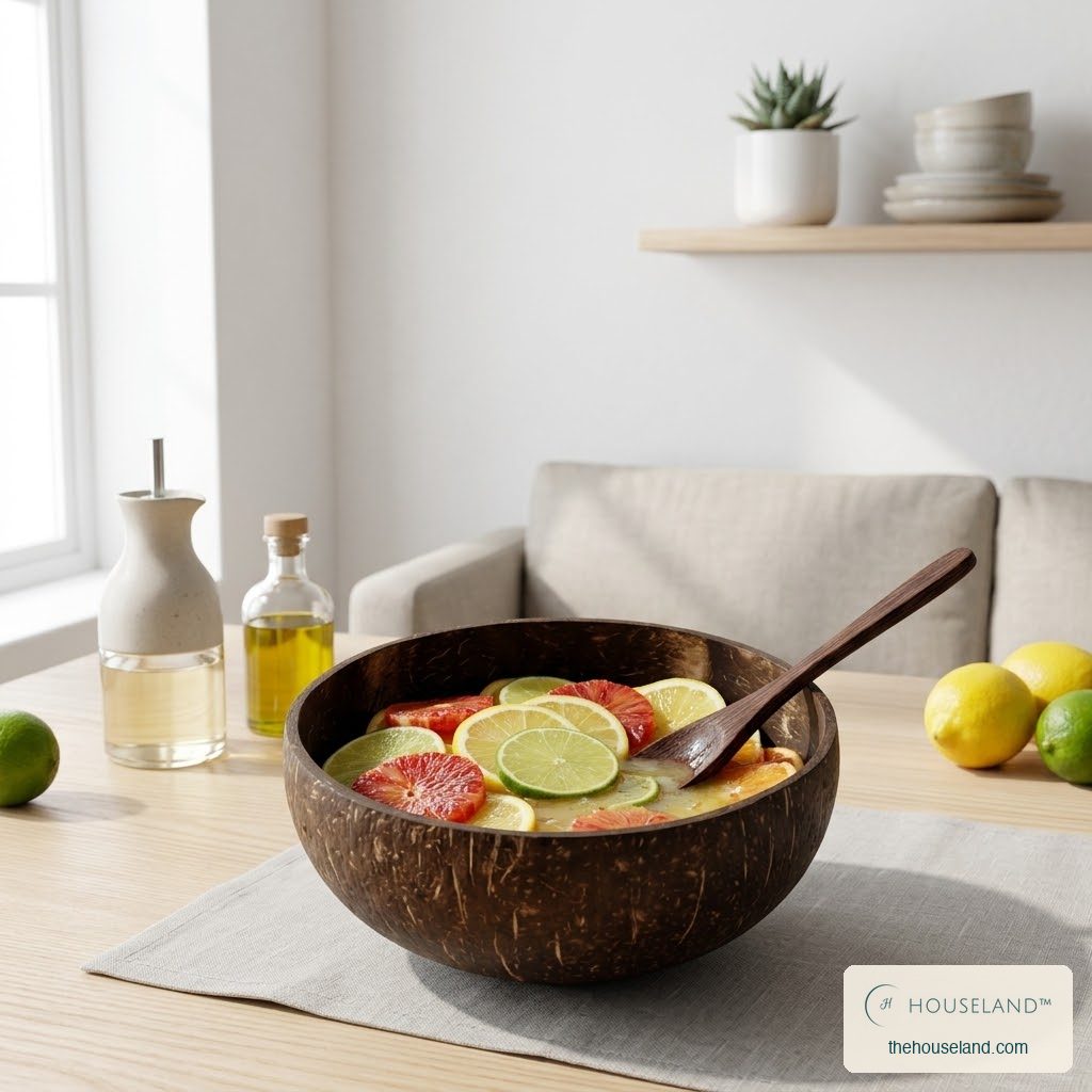 coconut bowl safe for acidic food, styled in a bright Scandinaviliving room