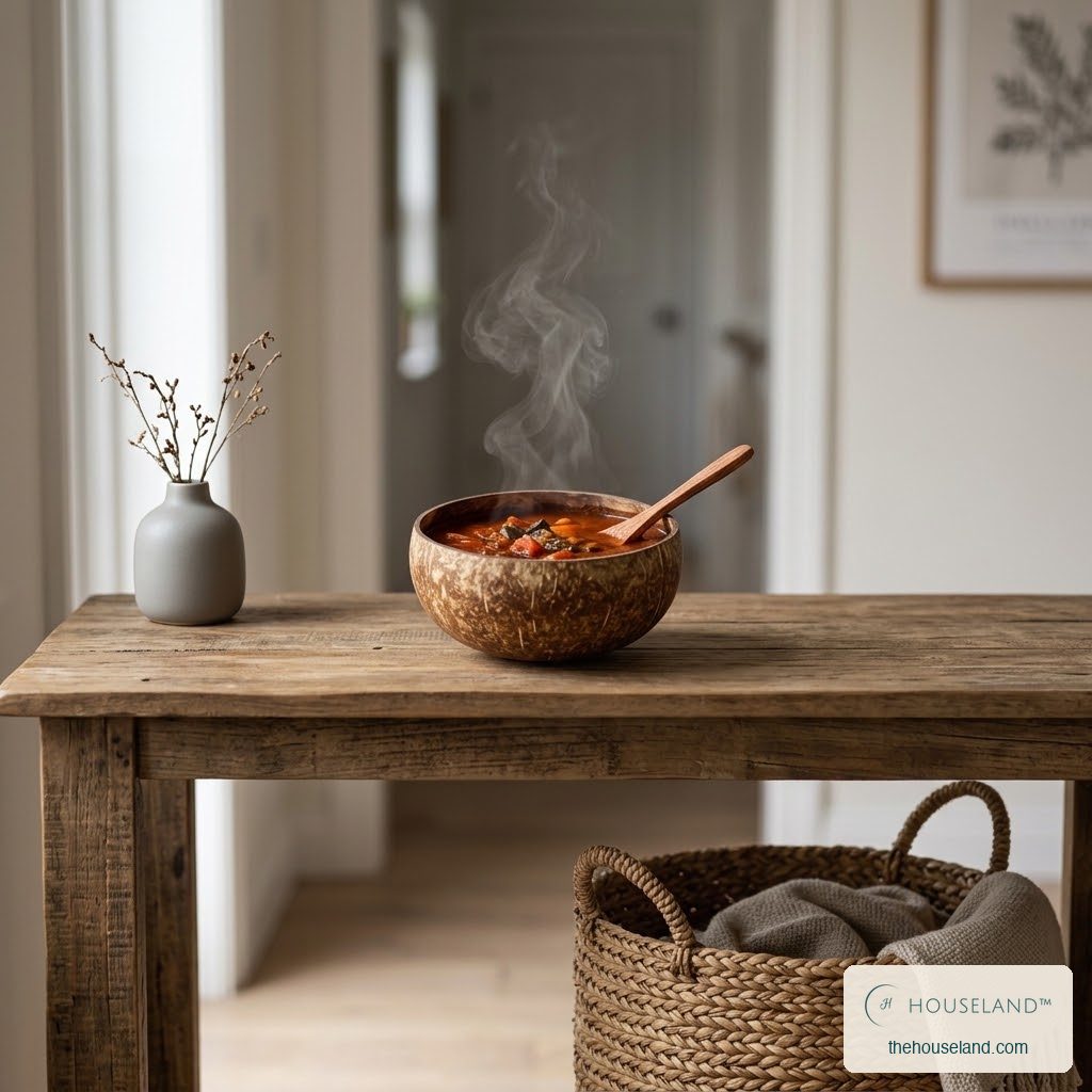 coconut bowl safe for hot soup, styled in a entryway