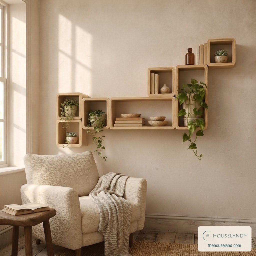 [thehouseland] best modular wall shelf - Six rounded pine boxes interlocked into a stepped modular wall shelf with plants, styled in a cozy reading
