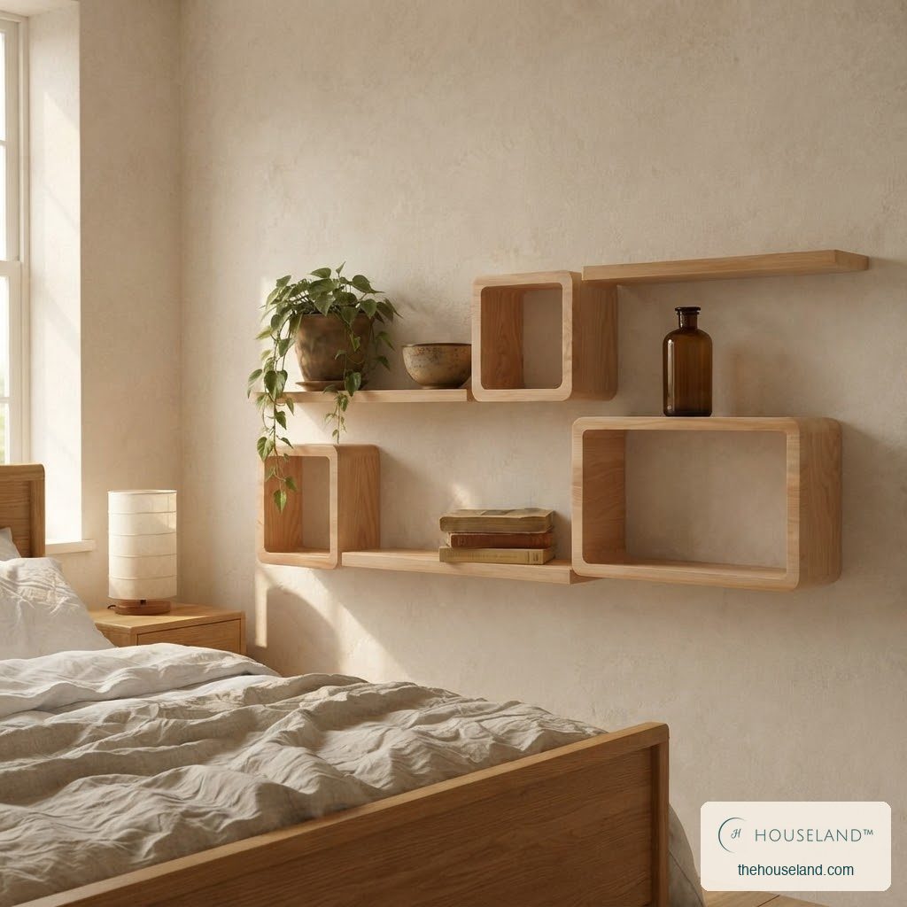 Six-piece rounded pine cube and ledge shelf set with a trailing plant, styled in a japandi bedroom