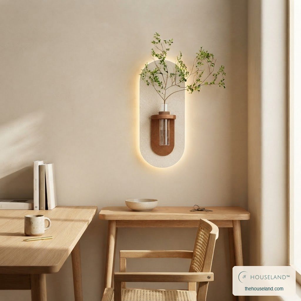 [thehouseland] best wall mounted vase - Backlit capsule wall vase lit warm above a console table, Design A in cream with a terracotta holder, styled